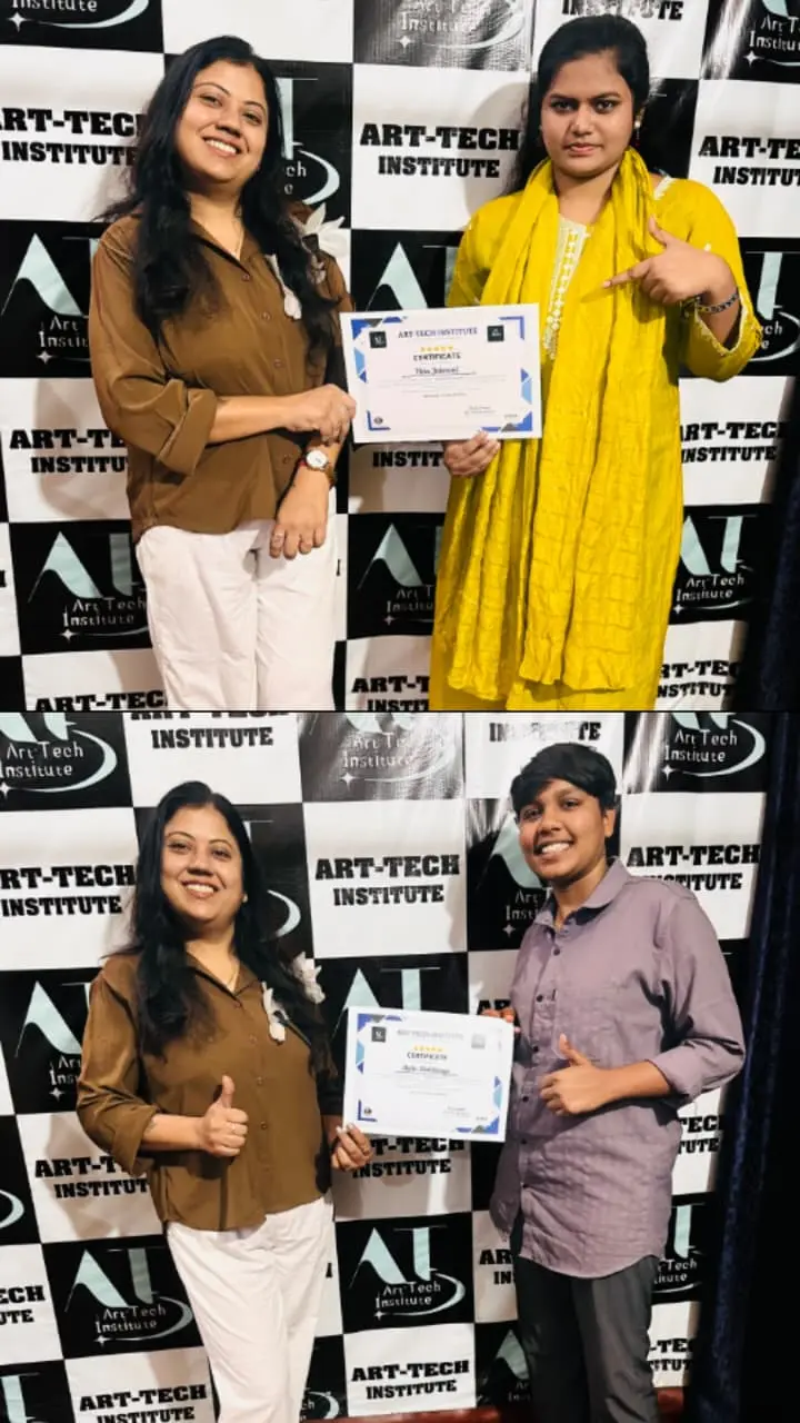 Art Tech Institute students holding course completion certificates